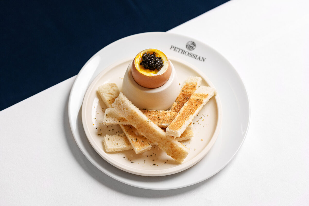 oft boiled eggs with Ossetra caviar at gourmet caviar cafe Petrossian South Kensington