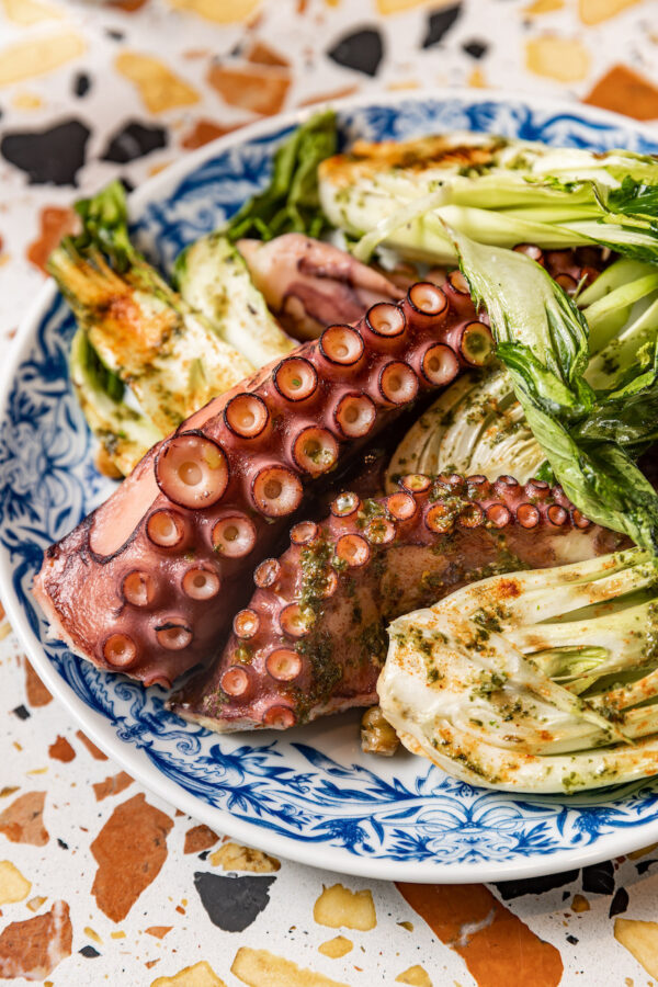 Grilled octopus with hummus and grilled pak choi, served with fried chick peas and olive oil