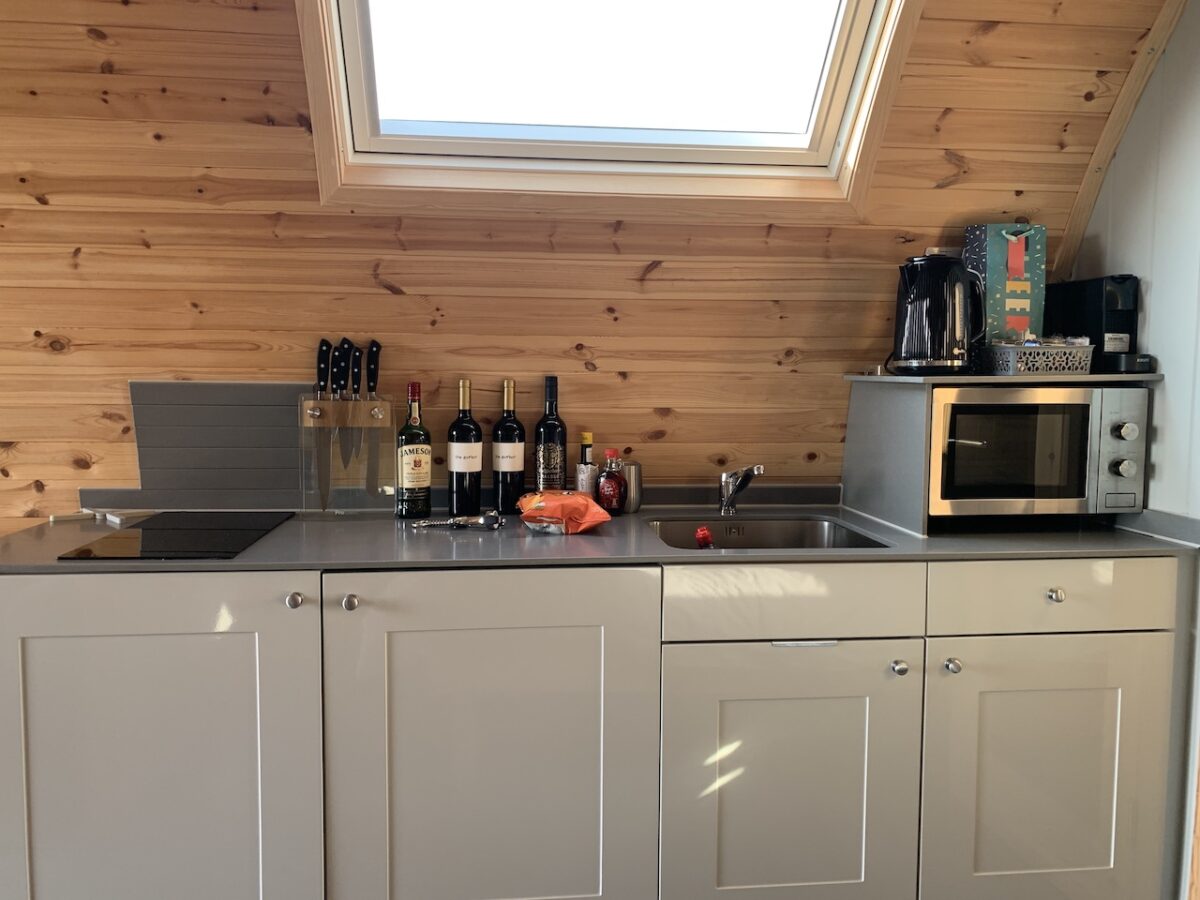 Castle Pods have their own fully fitted kitchens with fridge, hob and microwave