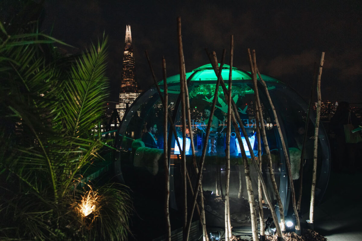 winter igloo and outdoor terrace at Wagtail with shard in background