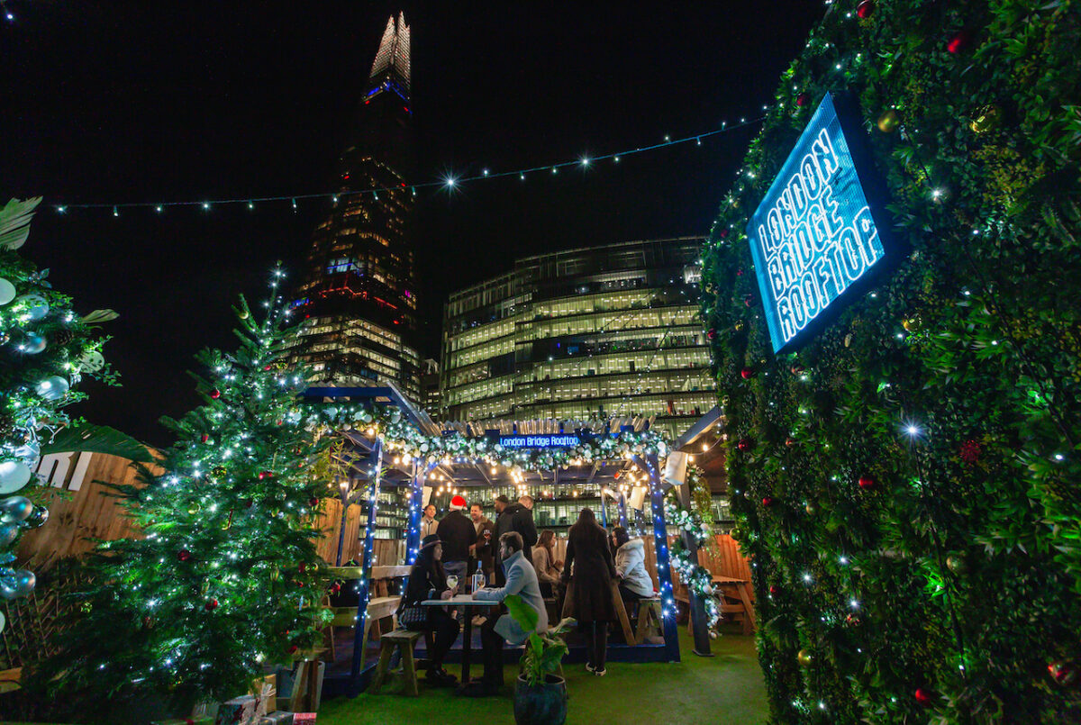 outdoor screens and christmas outdoor terrace against backdrop of The Shard