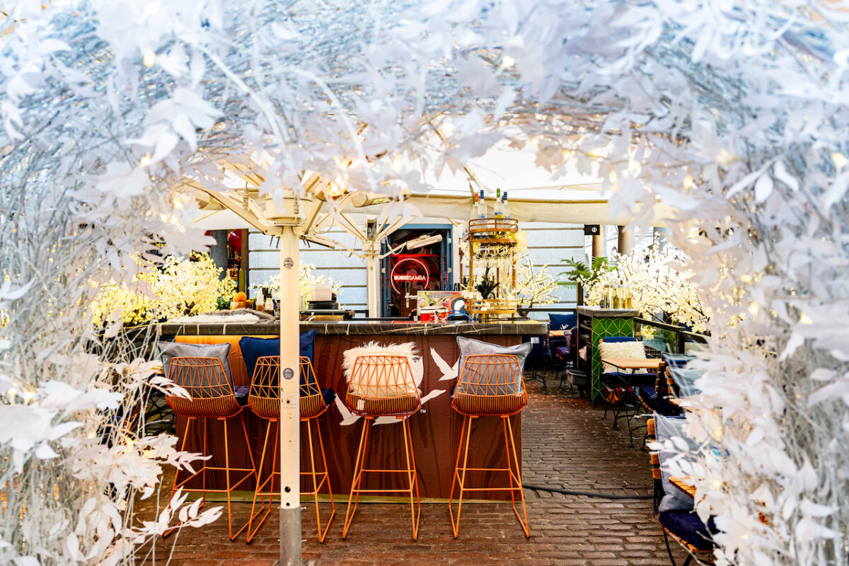 SUSHISAMBA'S al fresco winter terrace on the Covent Garden piazza deocrated in white tree branches around the outdoor bar