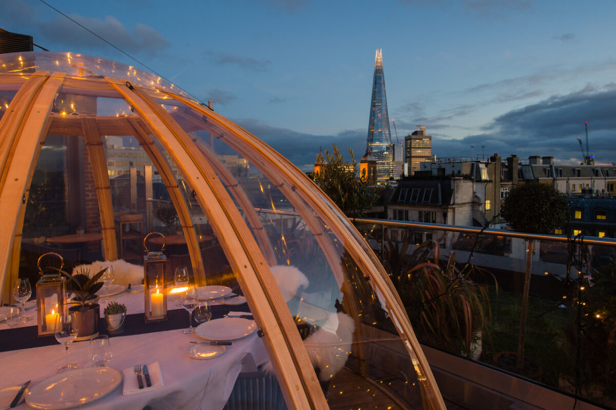 Cosy outdoor igloo at Vintry & Mercer with Shard in the background