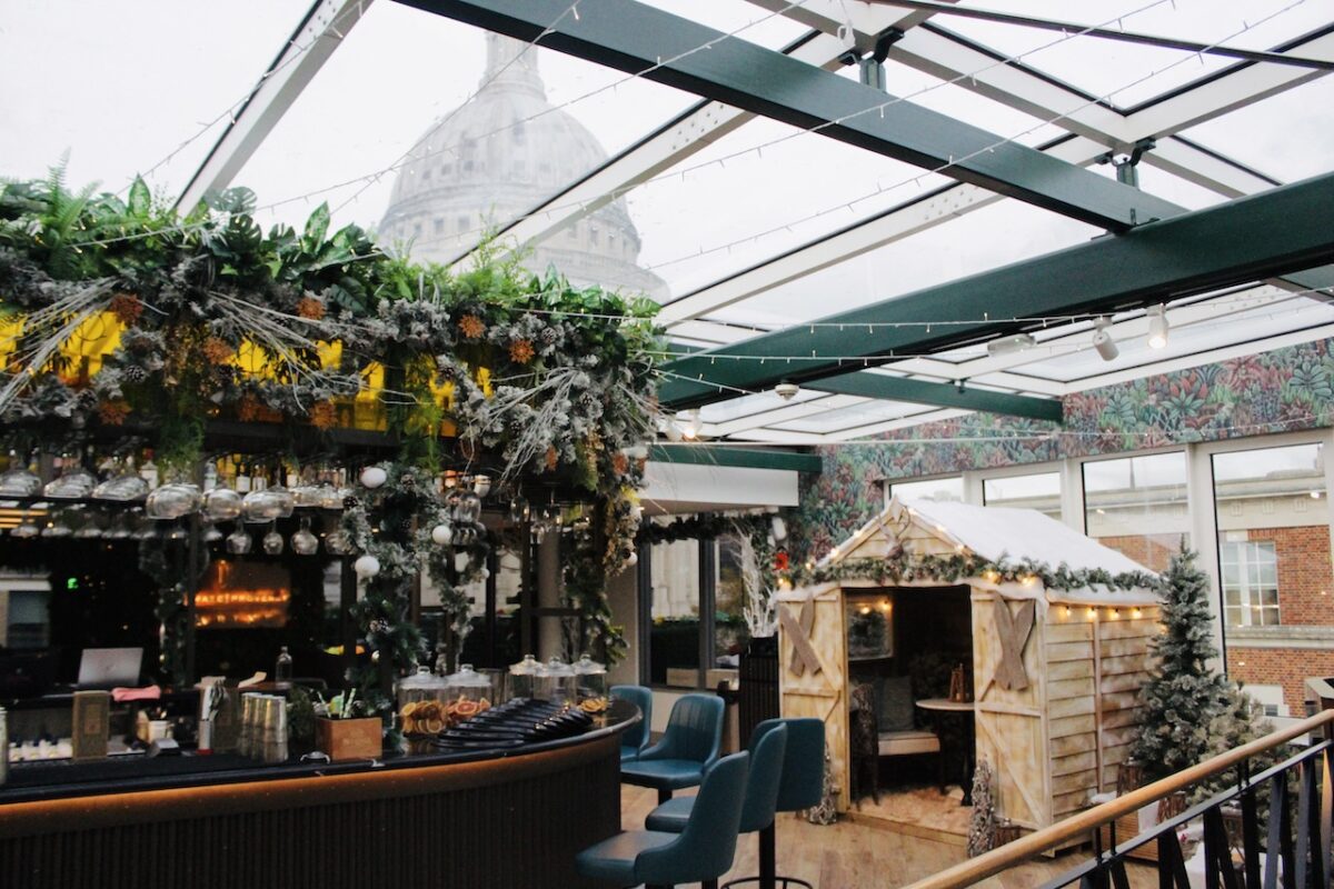 Festive under cover outdoor terrace at Sabine with views of St. Pauls