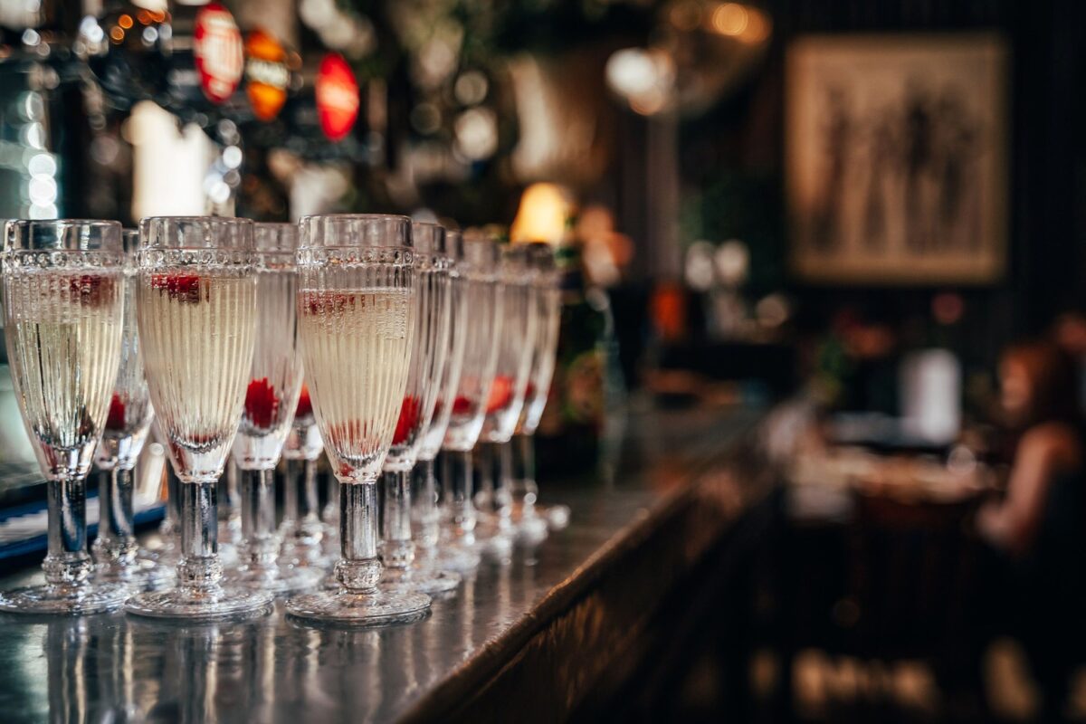 Dozens of Prosecco glasses on the bar at No. 28