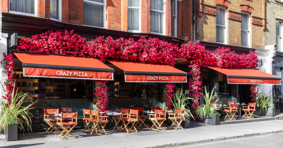 The Luxe List August 2020 - Part Two: New Floral Installation Sun Trap at Crazy Pizza, Marylebone