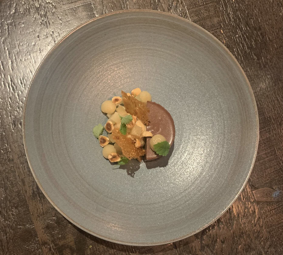The Black Bull, Sedbergh - Cremeaux with hazelnut, praline and pear and the buttermilk pannacotta with blackberry and huge chunks of heavenly honeycombe
