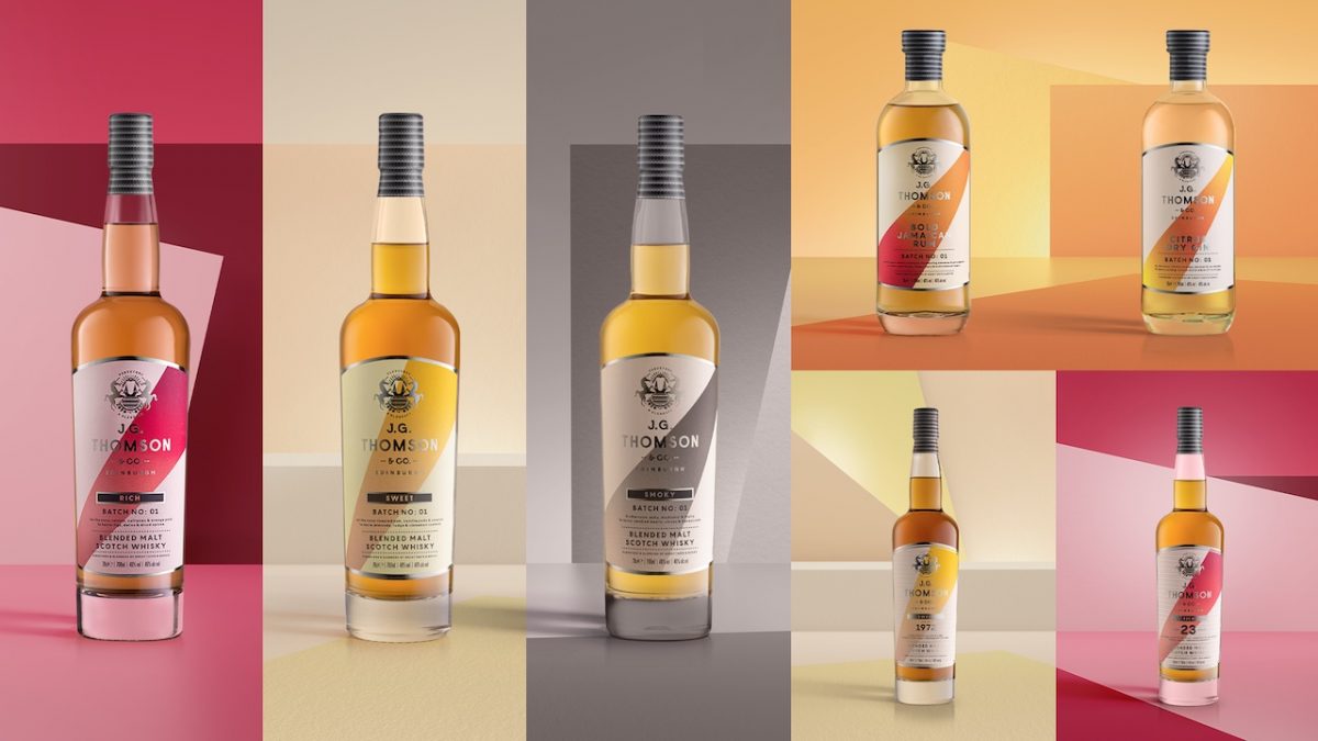 J. G. Thomson & Co's brand new collection of already award-winning small batch spirits featuring bottles of rum, gin, blended malt Scotch whiskies and limited edition aged whiskies