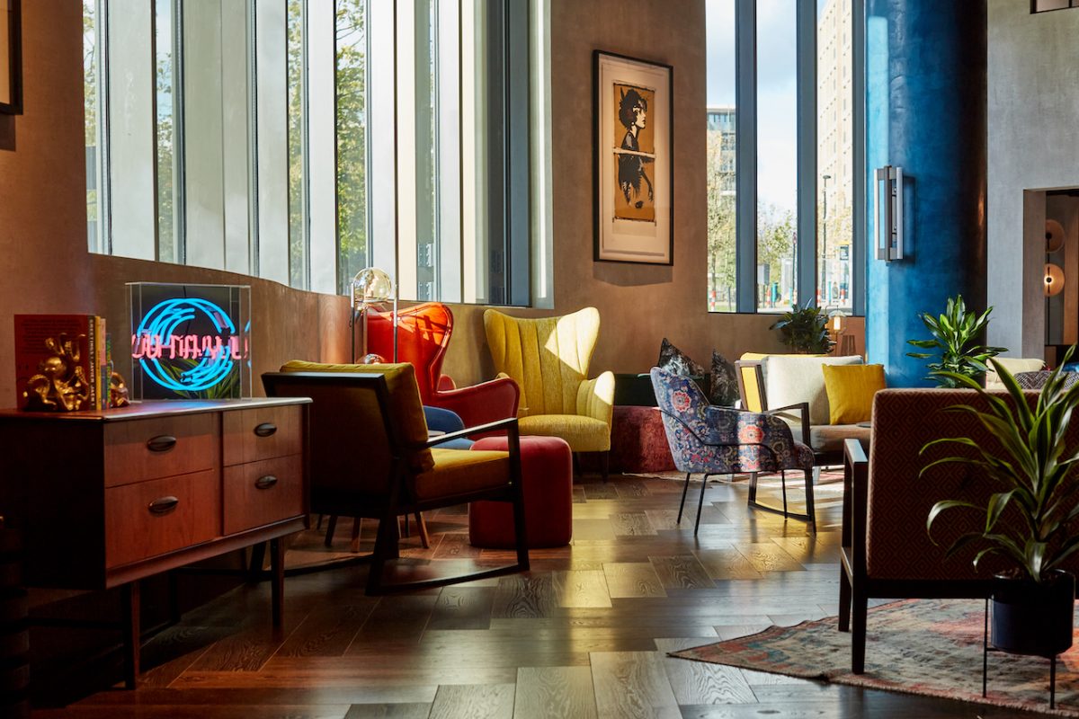 The impressive lobby space at The Gantry filled with eye-catching vivid colour and luxury furnishings