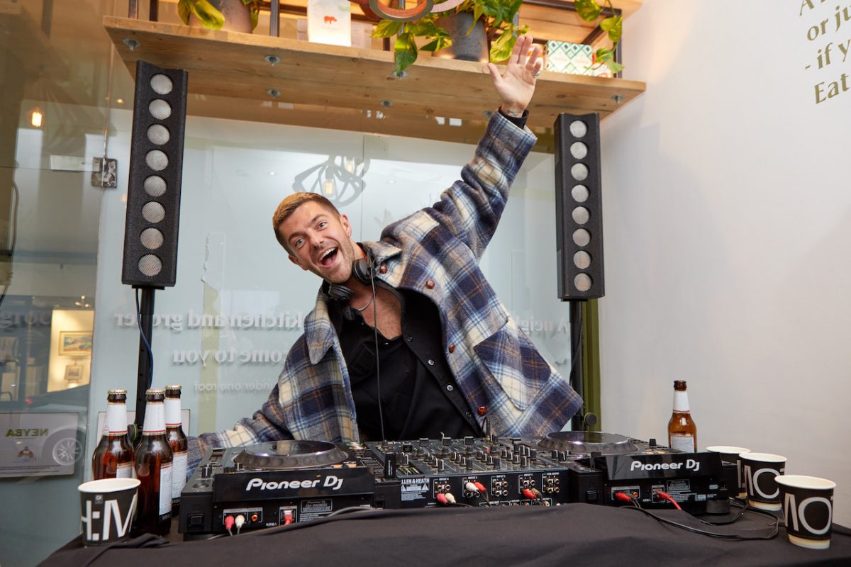 Alex Mytton DJing at the launch of Neyba - a new concept from Burger and Lobster's  founder Misha Zelman