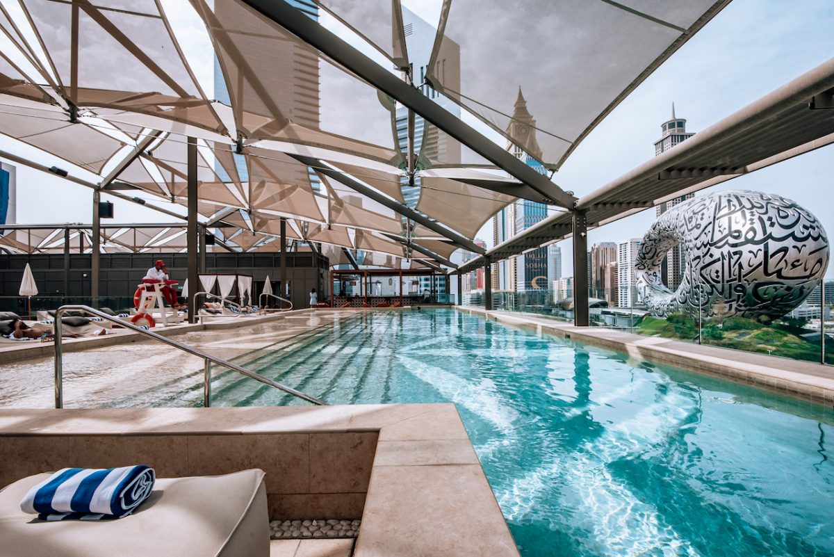 The stunning canopied pool at 25hours Hotel One Central Dubai