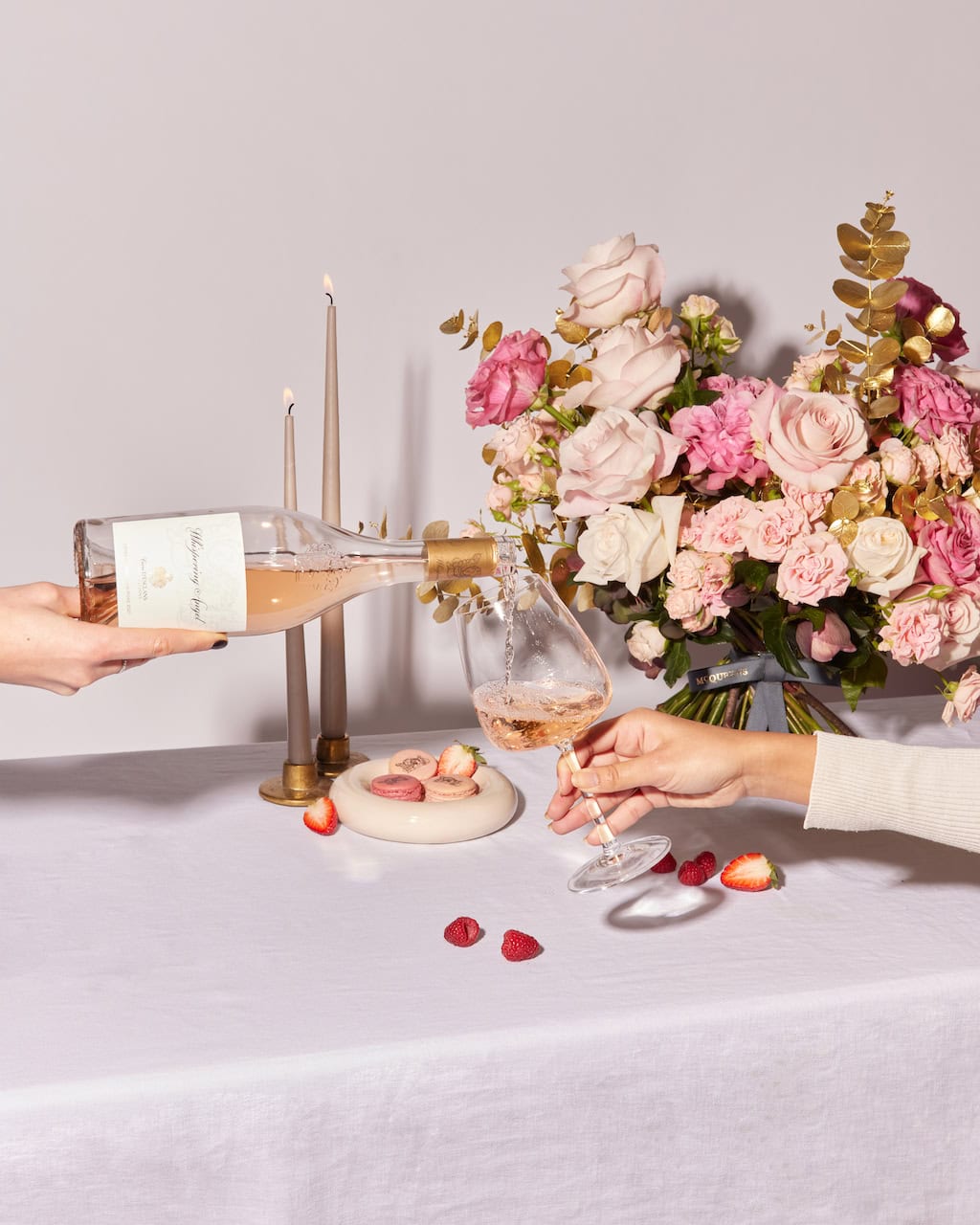 A perfect pairing!  McQueen's stunning bouquets and a bottle of Whispering Angel