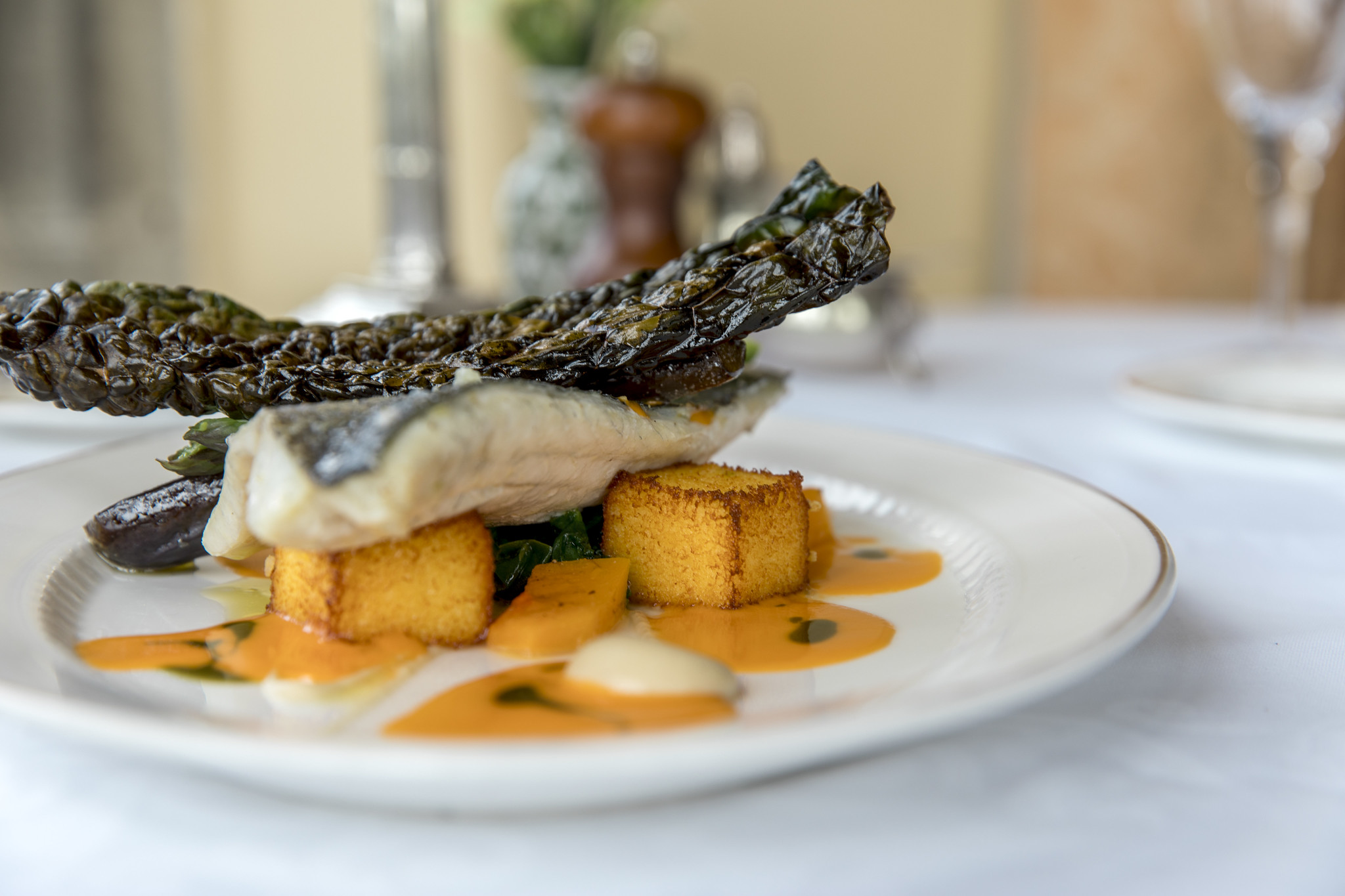 3 AA Rosettes restaurant has been led by Head Chef Abdalla Ahmed El Shershaby since 2009 (main course sea bass)