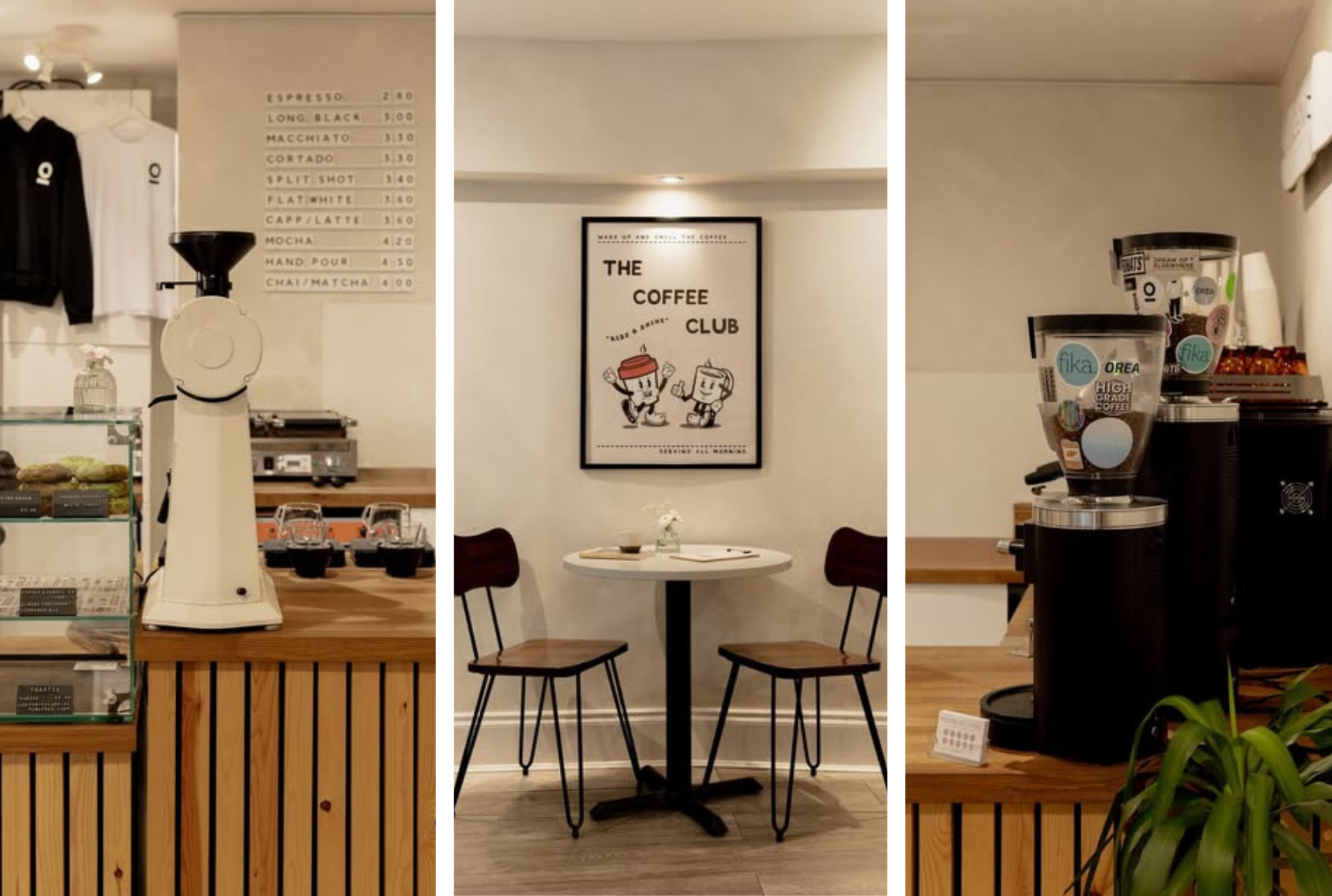 Interiors at Lagom Coffee Shop showing the coffee machine and a table and chairs