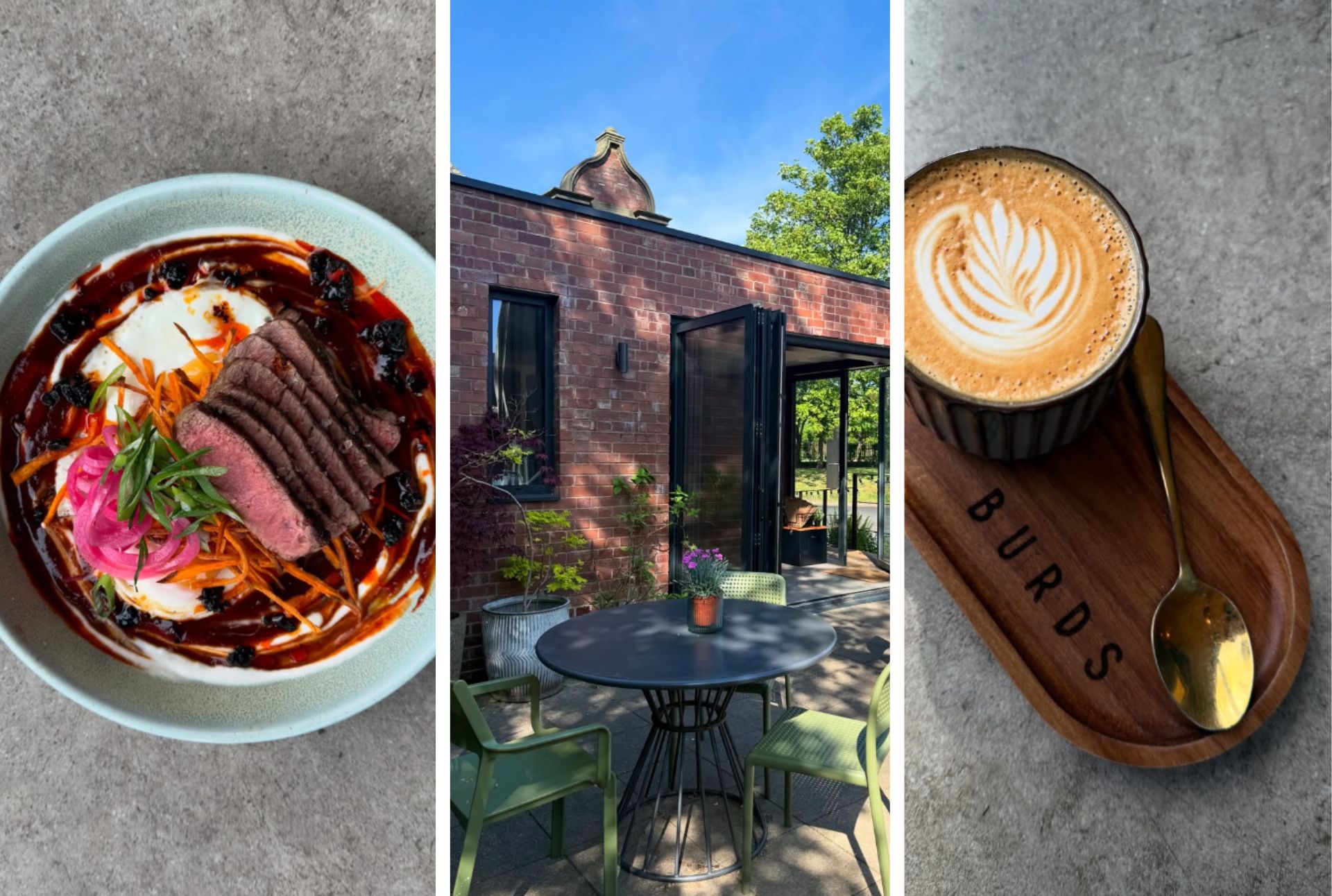 A cup of coffee, outdoor seating and steak bowl at Burds Coffee Shop