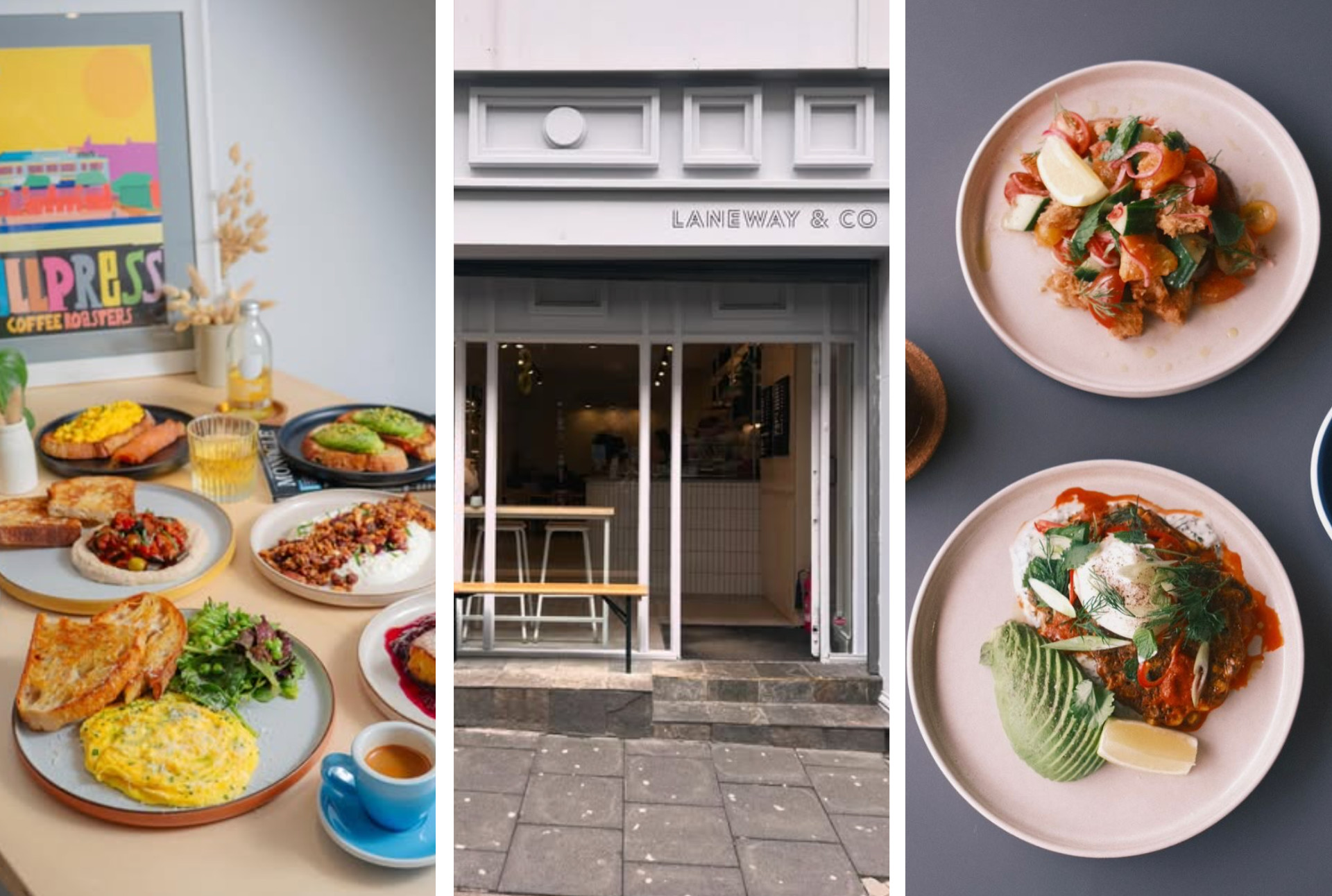 A selection of brunch menu items and the front door of Laneway Newcastle