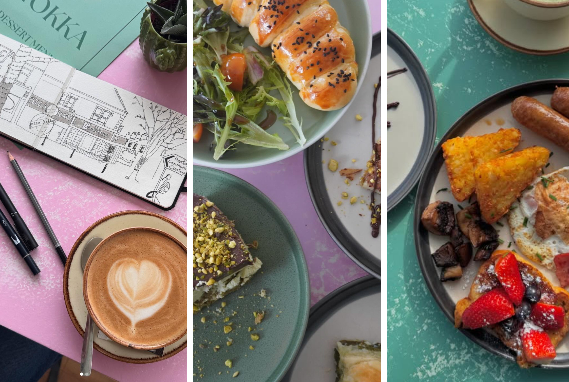 Cute plates at The Mokka Bakery and a coffee cup with milk art