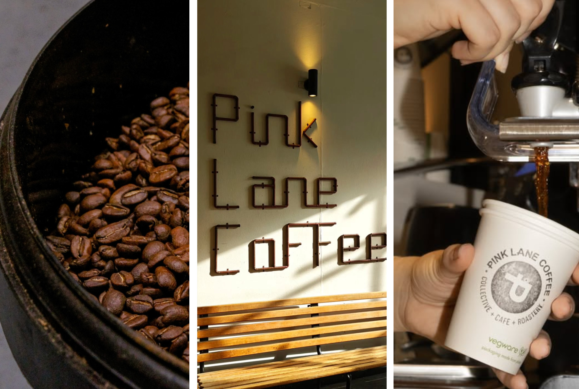 Pink Lane Coffee signage, coffee roastery and coffee machine