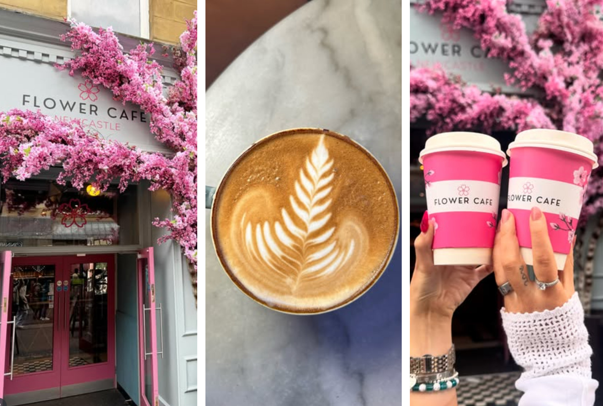 A coffee with milk art, two takeaway cups and the front door of Flower Kitchen Newcastle