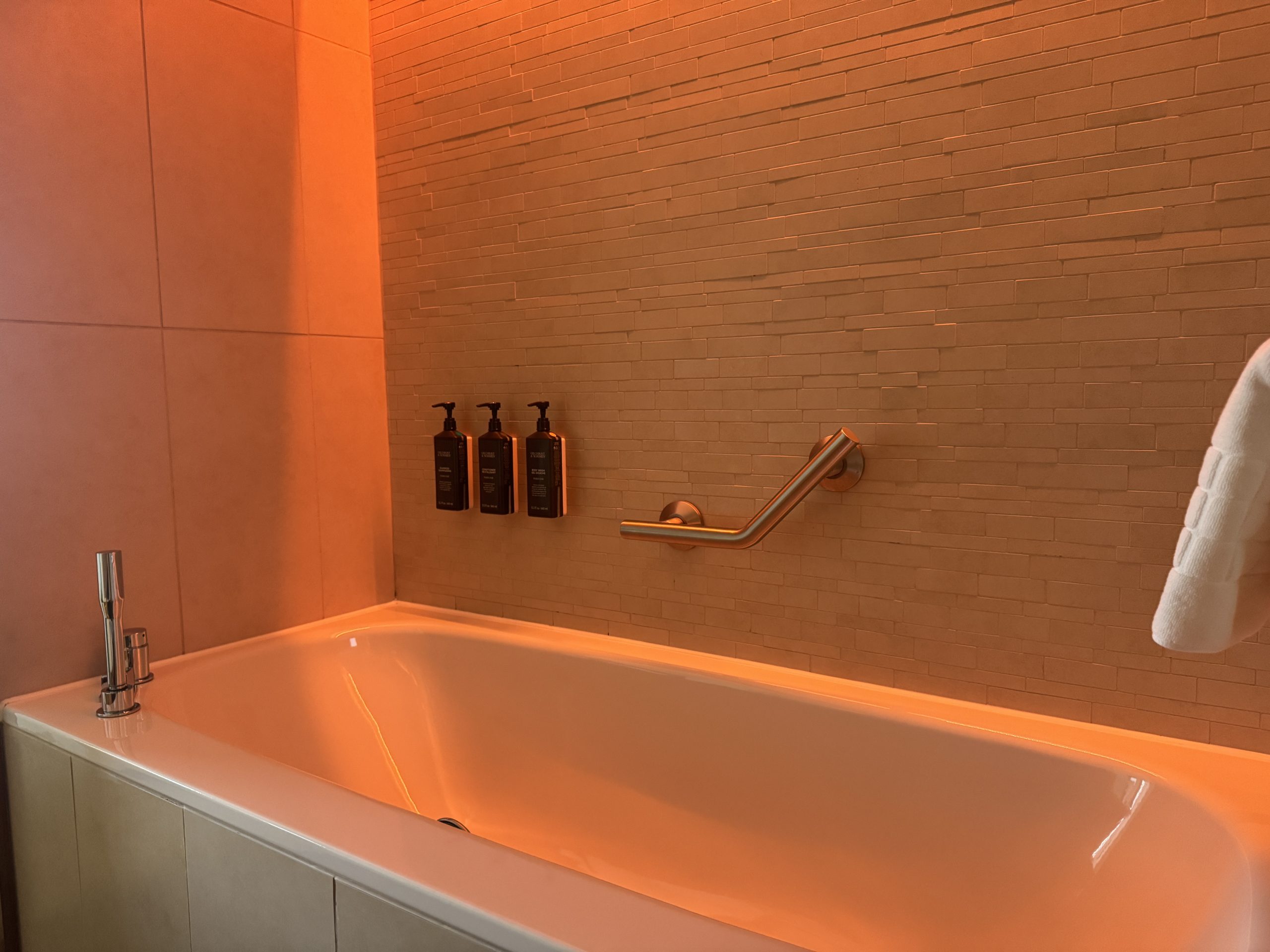 Ambient lighting in the bathroom of this spa hotel