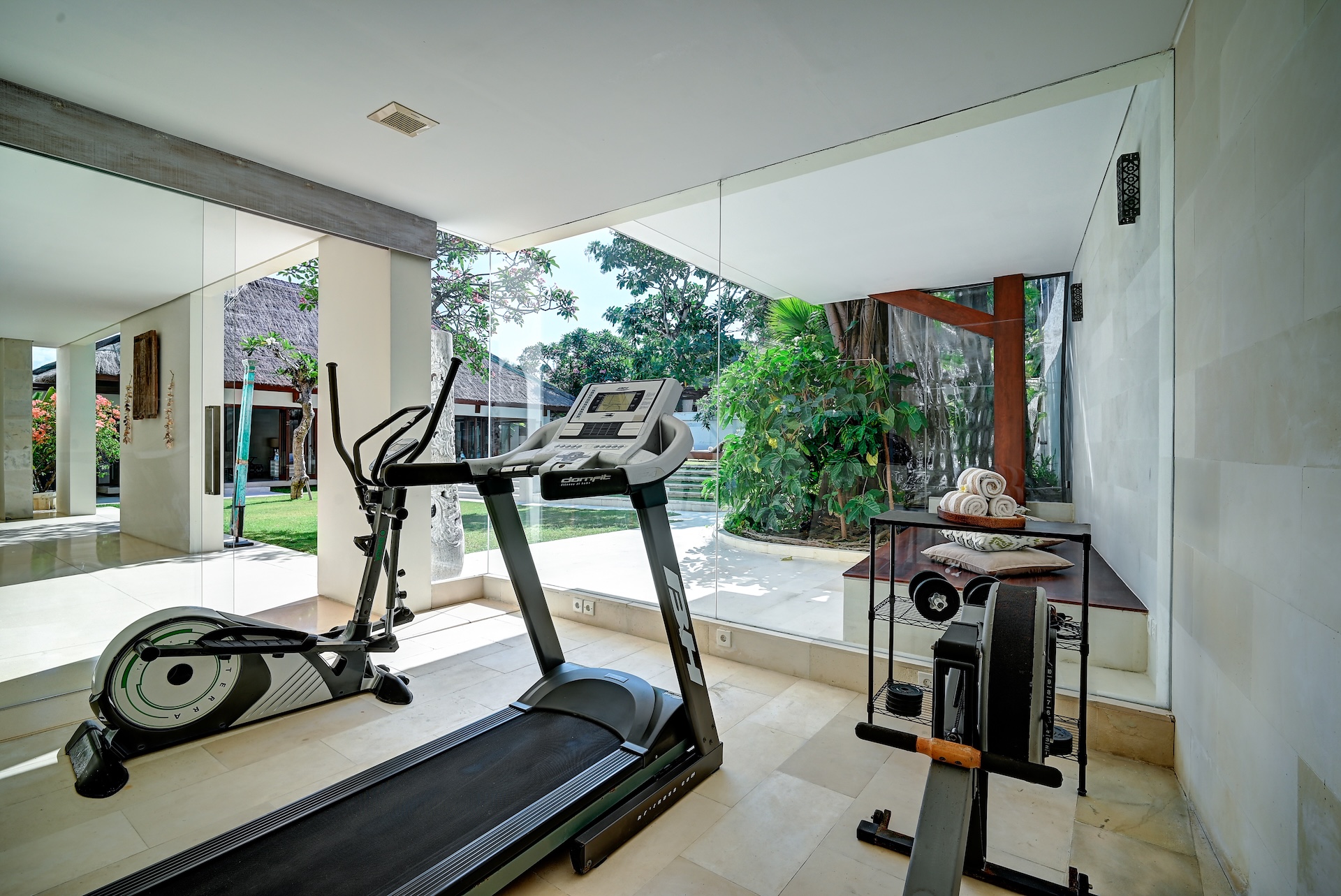 The gym at Casa Evaliza with stunning views that might even encourage you to use it!